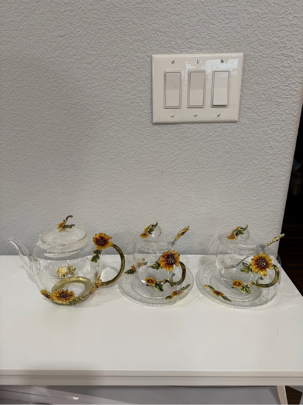 Clear Glass Teapot and Cup Set with Yellow Sunflower Accents